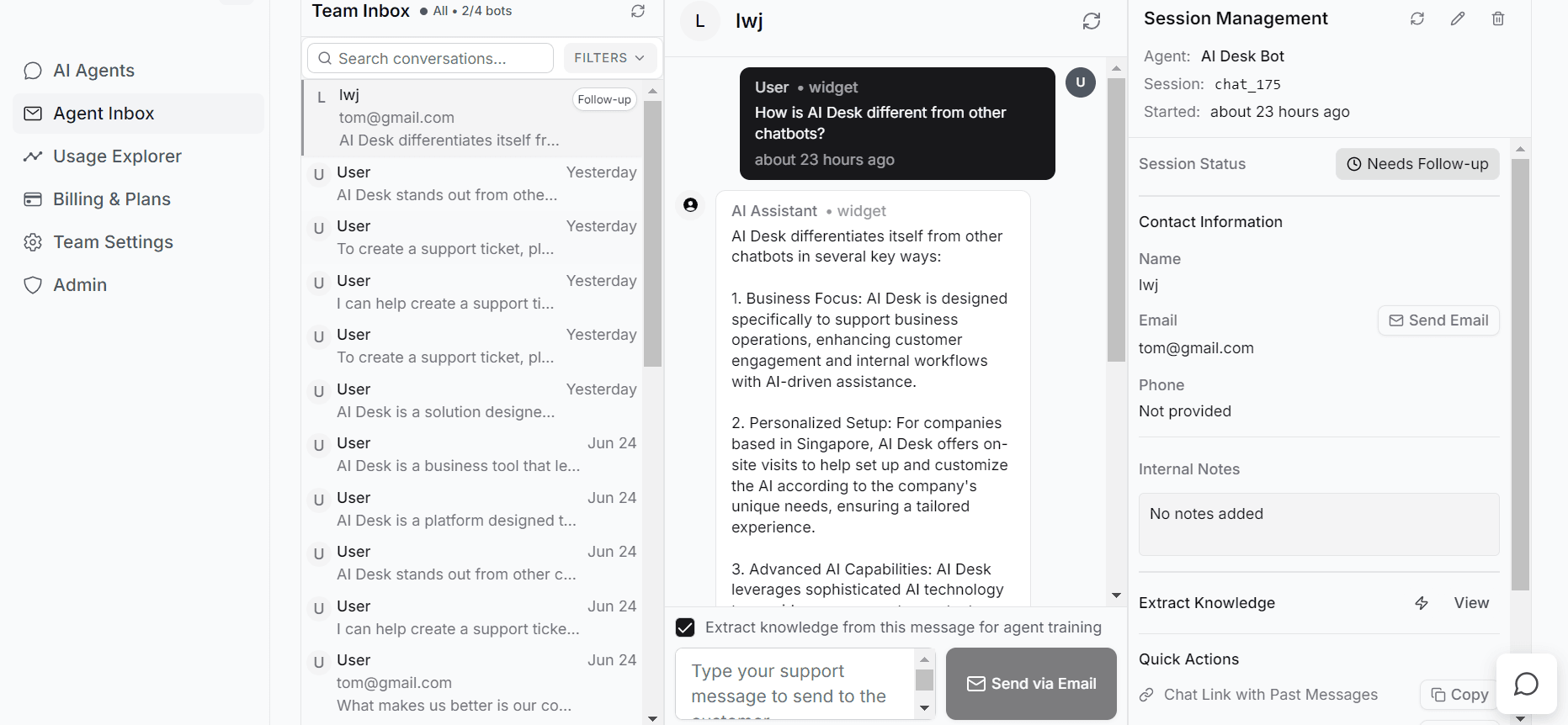 AI Desk Team Inbox Interface showing conversation management and escalation features