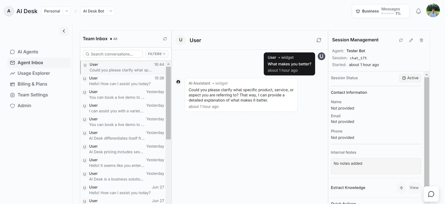 AI Desk Team Inbox Interface showing conversation management and escalation features