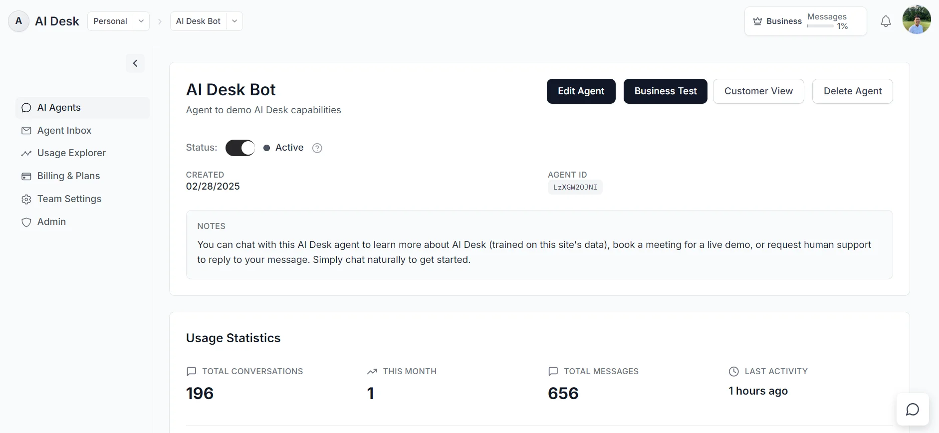 AI Desk agent configuration interface showing how to create and edit agent settings for optimal customer support