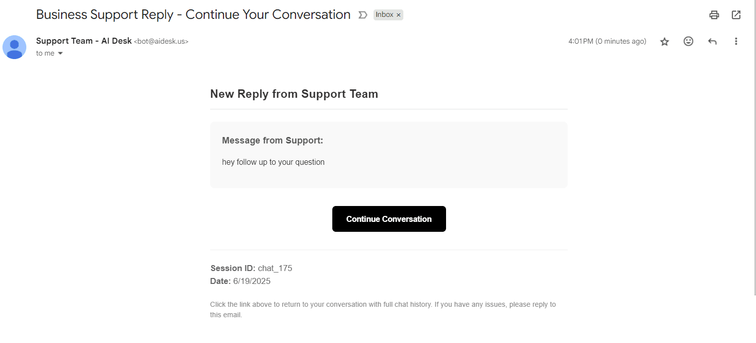 Email notification showing human support escalation with full conversation context