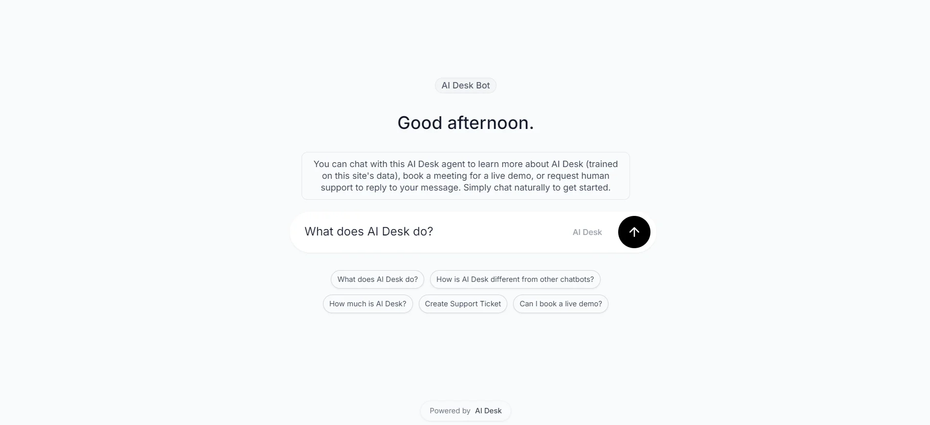 AI Desk full page chat interface showing comprehensive customer support conversation