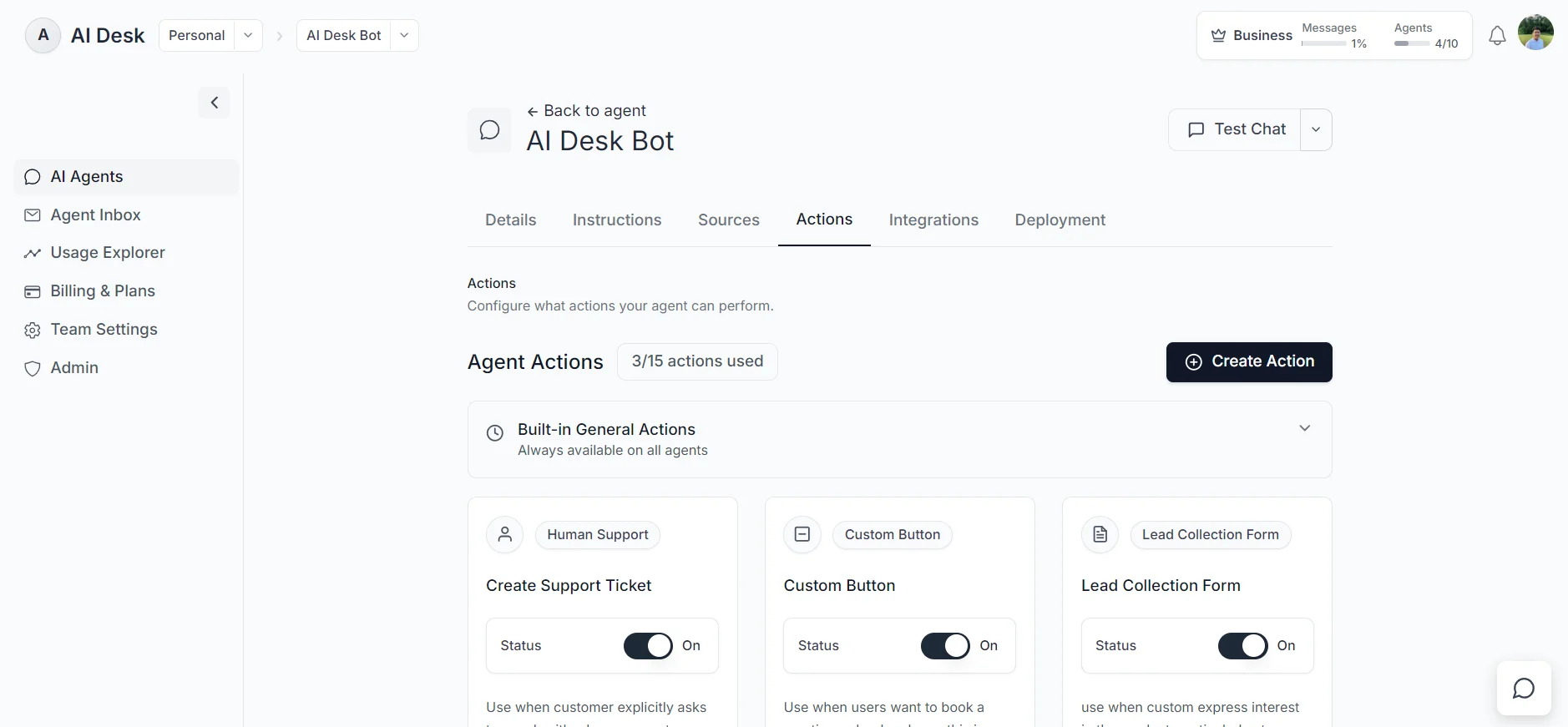 AI Desk agent actions management interface showing business integrations and workflows