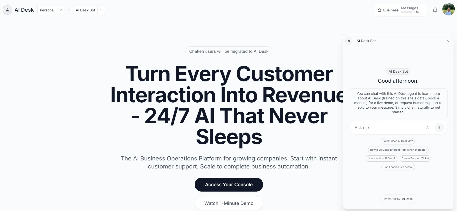 AI Desk chat widget popup on website showing customer support conversation