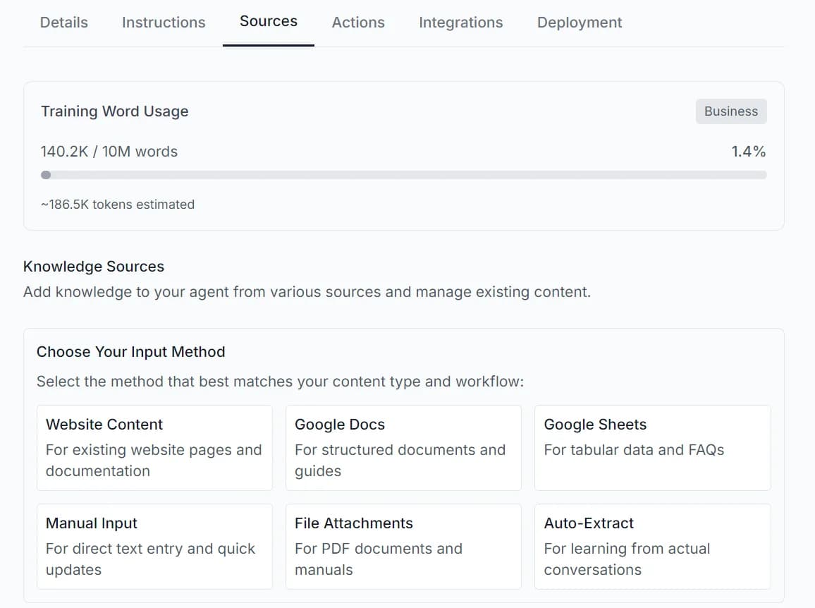 AI Desk knowledge base training interface showing how to embed document knowledge from PDFs and sources to train AI agent