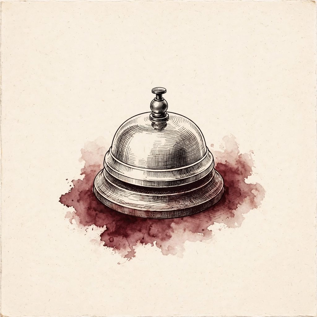 A concierge desk bell in maroon ink
