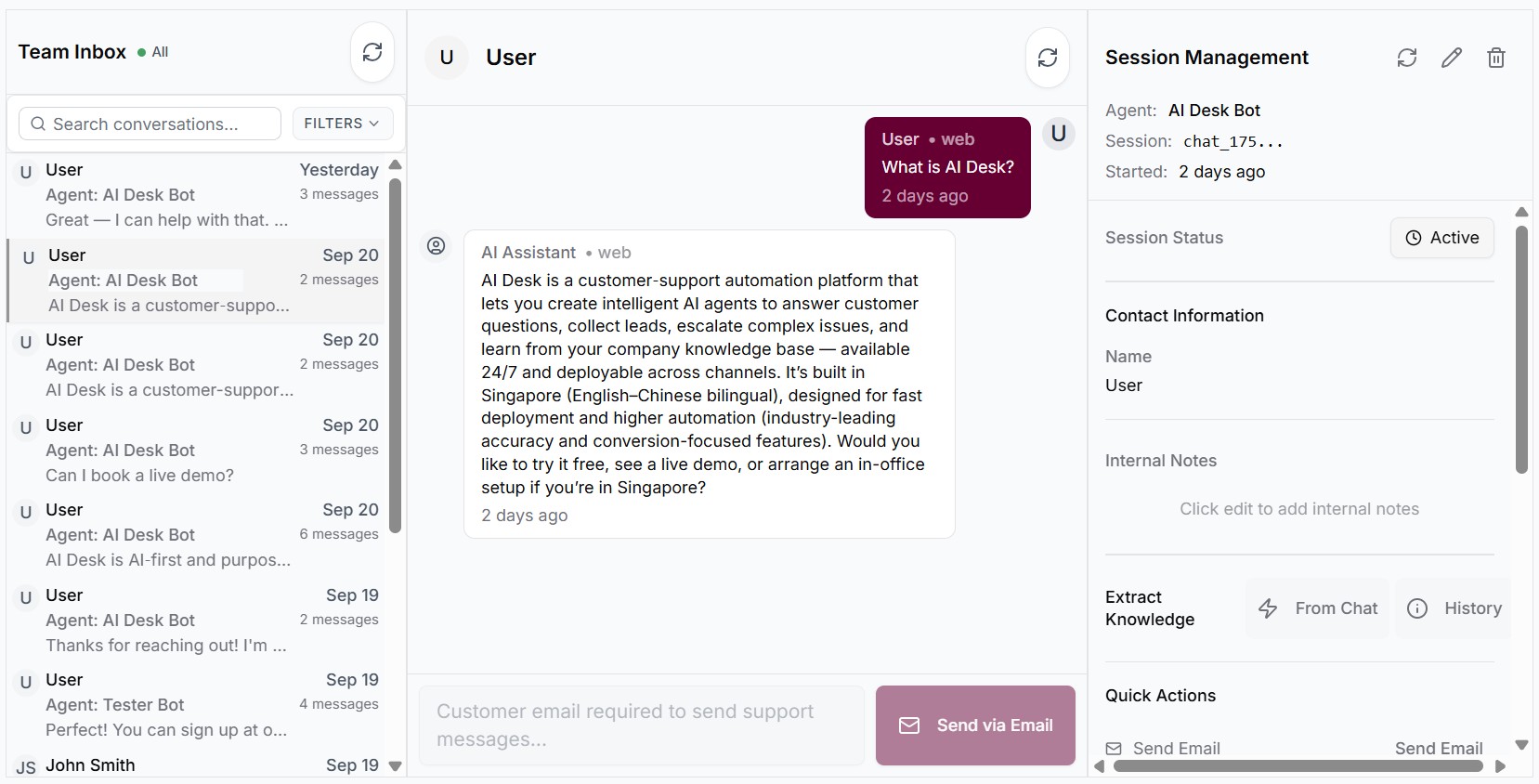 AI Desk Team Inbox Interface showing professional conversation management and escalation features