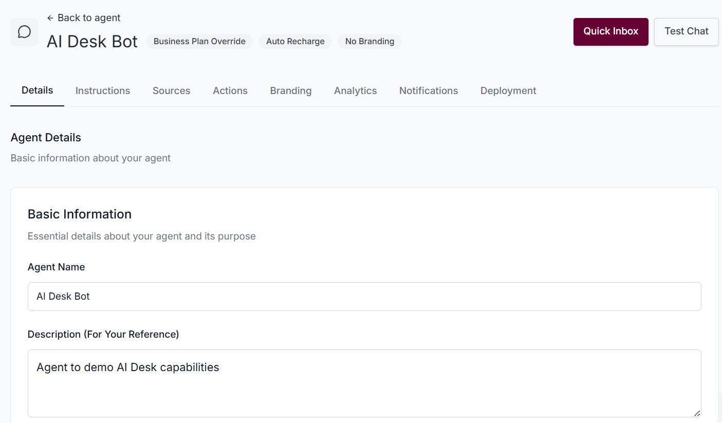 Guided AI Desk agent setup form with business configuration options